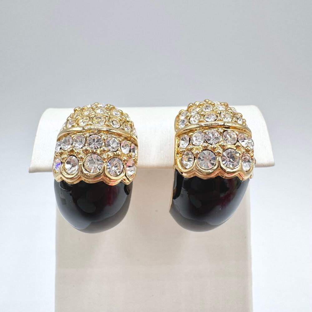 Vintage Swarovski Swan Signed Black Enamel Crystal Pave Half Hoop Earrings
